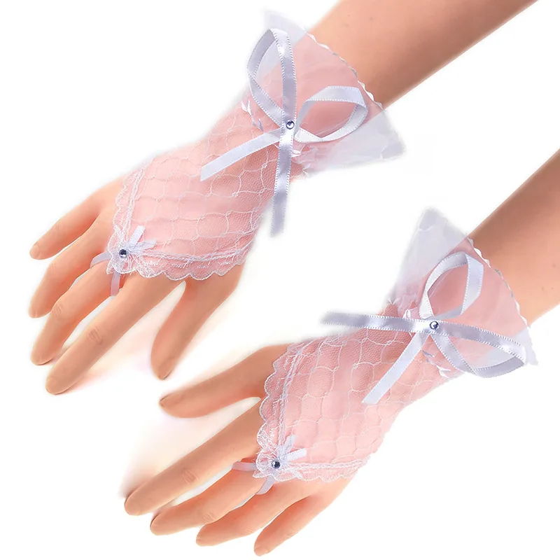 Ladies Bow Sleeves Short Arm Sleeves Lace Wrist Cuffs Bracelets Women Solid Color Gloves Net Yarn Lace Gloves Accessories