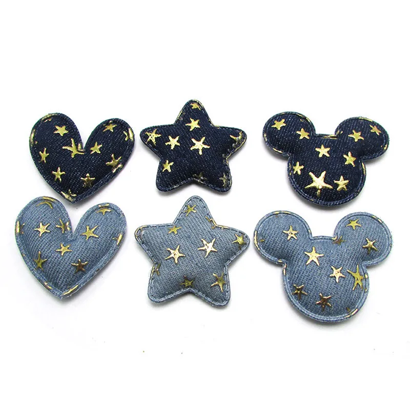 36Pcs Shiny denim Star heart Mouse Shape Stick Padded Appliques for Kids Hair Clip Hat Decor Ornament and Garment Accessoires