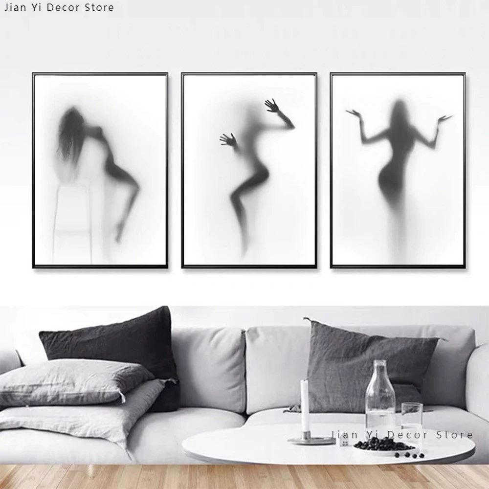 Black White Abstract Woman Wall Art Canvas Painting Pose Shower Naked Girl Obscure Shadow Nordic Poster Prints Home Decor