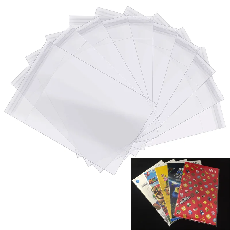 100pcs Game Case Resealable Sleeve OPP Plastic Bags Instruction Booklet Sleeves for Wii WIIU Manual