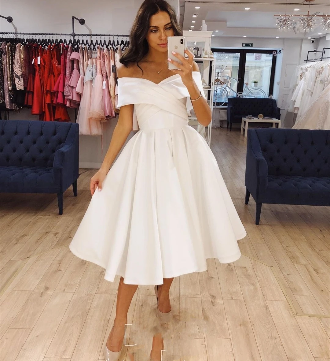 Short Wedding Dress Satin Knee Length 2021Pleat Simple Off Shoulder Bridal Gown For Women Brides Elegant Cheap Robe De Mariee