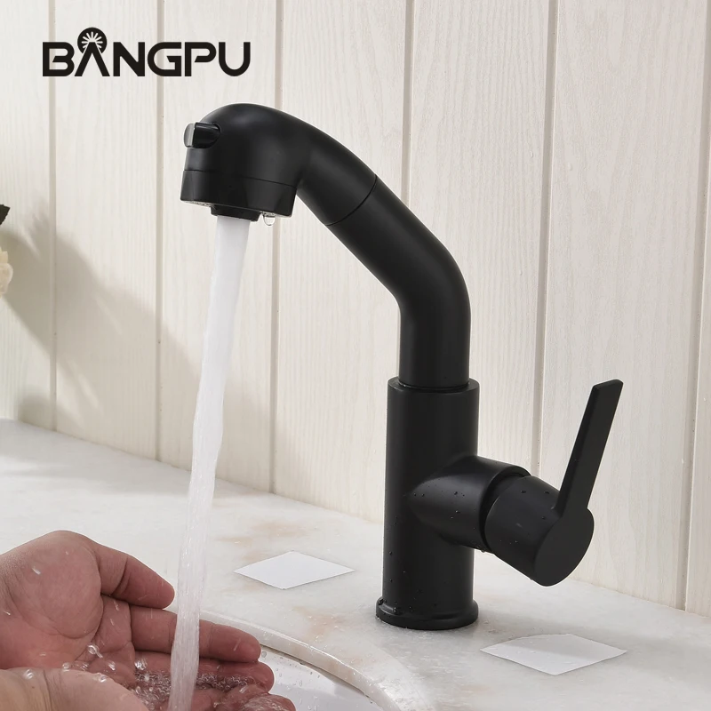 

BANGPU Basin Pull Out Faucet Single Handle Pull Down Sink Faucet 1 Hole Bathroom Faucet Basin Sink Tap Deck Mounted Black