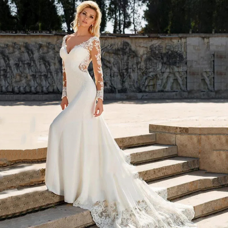 Elegante abito da sposa a sirena semplice scollo a v manica lunga in Chiffon bianco 3D abiti da sposa fiore Plus Size abito aperto sul retro De Mariee