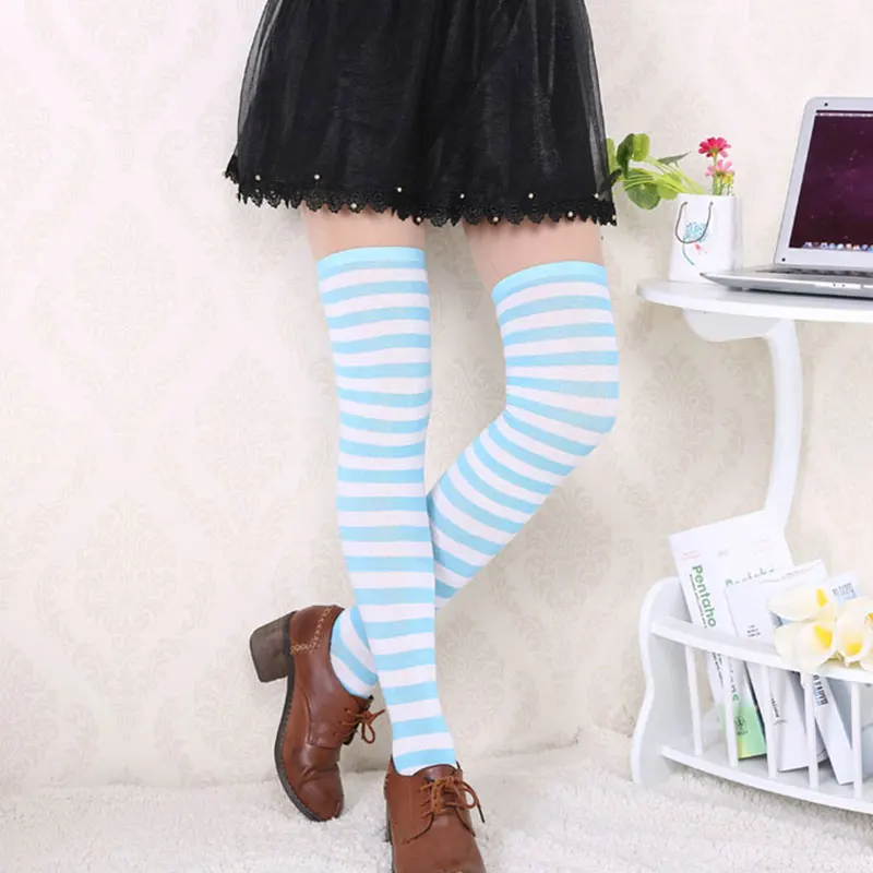 1Pair Over Knee Black White Blue Red Long Stripe Japanese Cartoon Tight High For Women Girl Cosplay Student Kawaii Tights