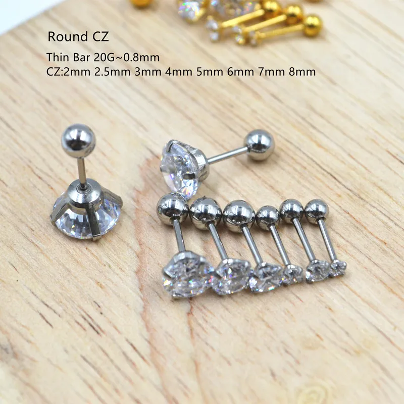 

50pcs Body Jewelry Piercing - Sliver Thin Bar 20G~0.8mm Round CZ Gems Earring Ear Helix Bar Lobe Cartilage Tragus Diath Studs