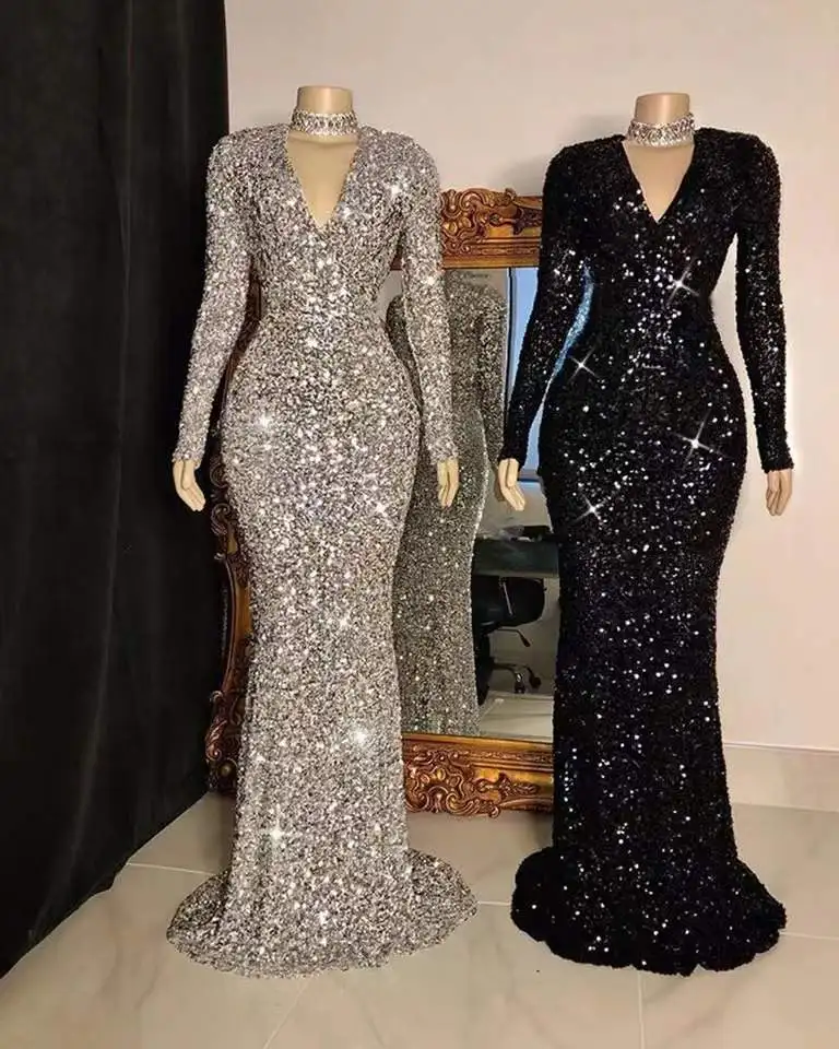 Abito con paillettes con scollo a V a maniche lunghe abiti lunghi da festa abito da sera elegante abiti da donna Trailing Party 2022 vestiti grigi