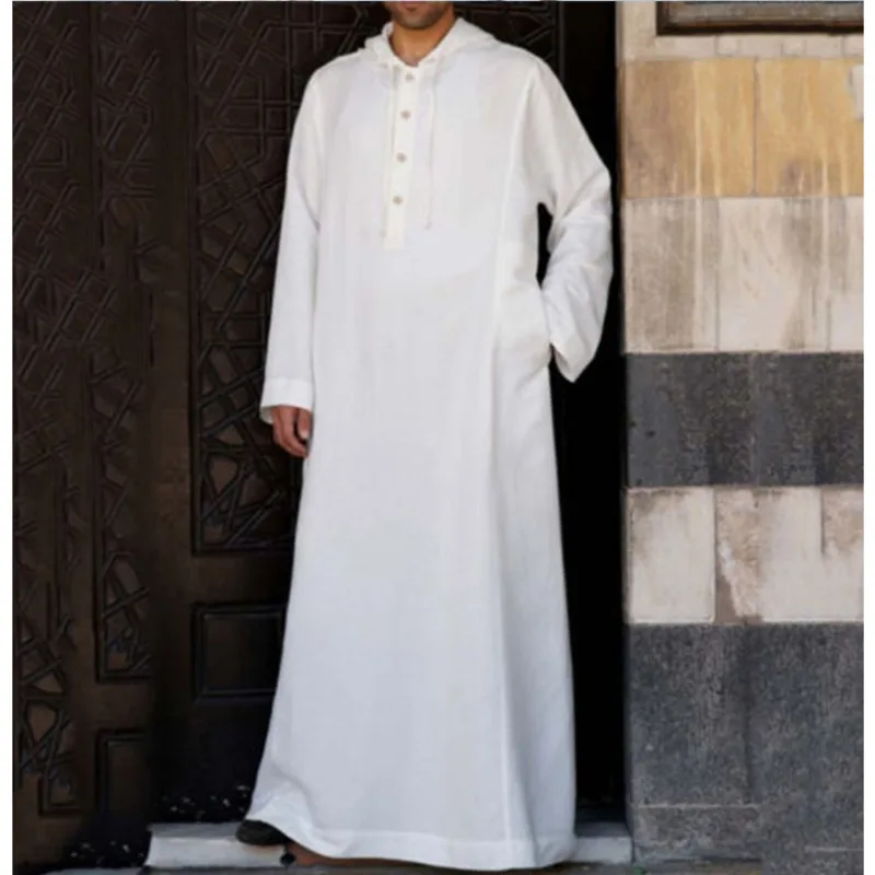 Men Muslim Clothes Solid Color Jubba Thobe Long Sleeve Hooded  Robes Dubai Middle East Men Islamic Saudi Arabia Kaftan 5XL