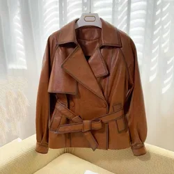 Genuine Leather Jacket Women Coat Spring 2024 New Arrival Real Sheepskin Brown Color Collect Waist Style Turn-Down Collar