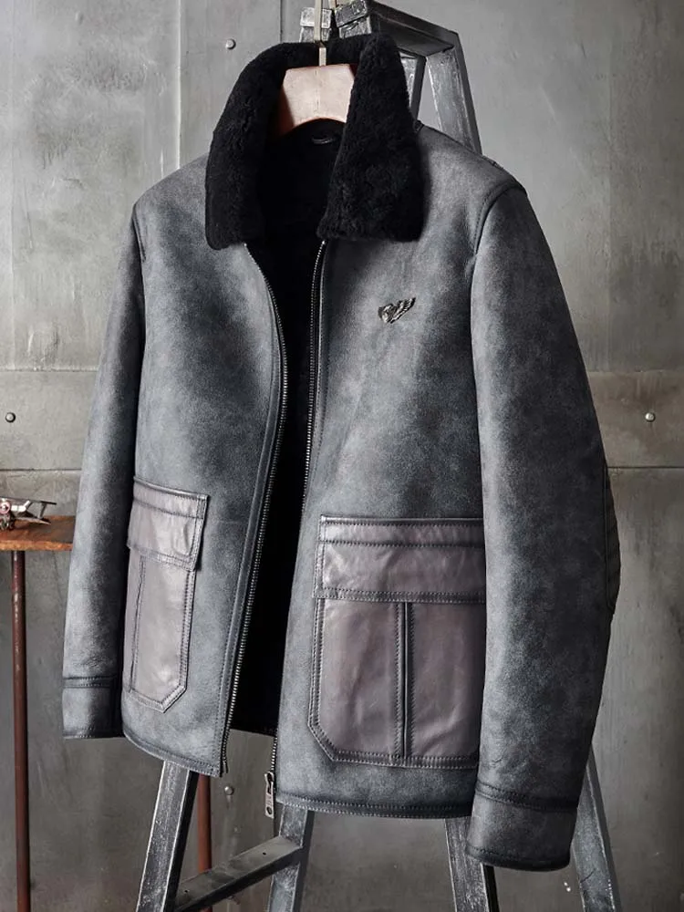 Denny&Dora New Mens Shearling Coat G1 Bomber Jacket Grey Leather Overcoat Short Sheepskin Fur Parkas Motorcycle Outwear