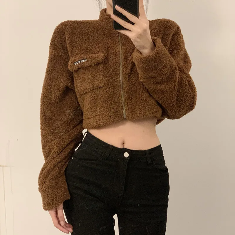 Fuzzy Fur Jacket Fleece Teddy Coat Female Autumn Winter Coat Crop Tops Korean Long Sleeve Warm Brown Tweed  Zipper Jakcets Y2k