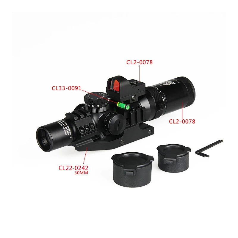 Canis Latrans 1-4x24 IRF Rifle Scope + 2MOA 1X Mini Red Dot Sight+Riflescope Bubble Level+30MM Double Scope Mount HK1-0292