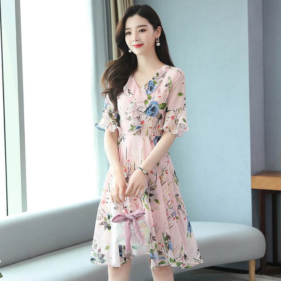 Năm 2022 Thời Trang Thanh Lịch Màu Hồng Voan In Ngọt Mini Mùa Hè Cổ Vintage Đường Băng Đầm Nữ Ôm Body Dự Tiệc Tối Vestidos