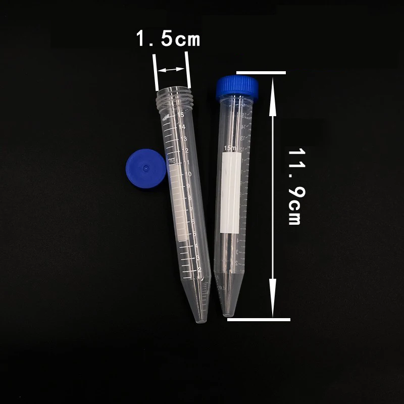 15ml Plastic Centrifuge Tubes, Conical Bottom, Graduated Marks, Blue Screw Cap, Pack of 100pcs