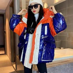 Winter Contrast Color Stitching Women Glossy Down Cotton Padded Coat Orange/Pink Stand Collar Warm Hooded Parkas Female Outwear