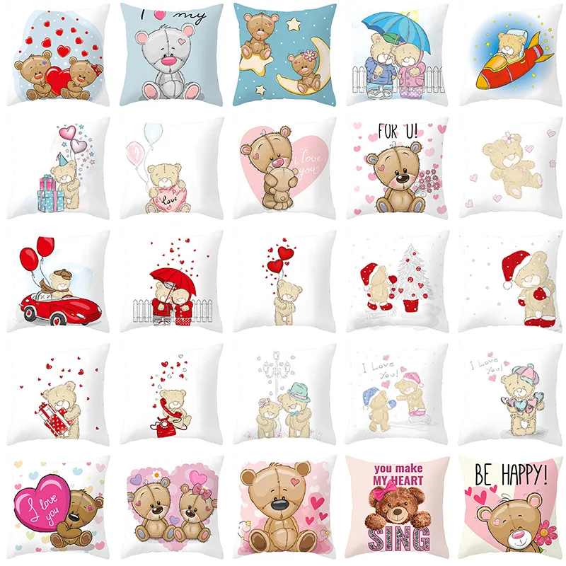 2020 NEW Red Pink Lovely Cartoon Bear Cushion Cover Modern Fashion White Throw Pillow Cover Lovers Pillowcase Wedding Home Decor