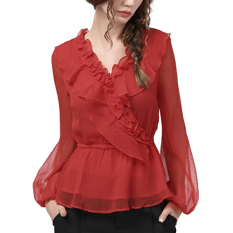 Long Sleeve Red Chiffon Tops Fashion Elastic High Waist Ruffles V-Neck Lantern Sleeved Women Spring Summer Blouses Elegant Slim