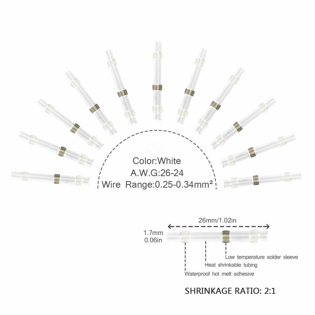 50Pcs 26-24AWG Heat Shrink Solder Wire Connectors Seal Waterproof Insulation Terminals White-Automotive Marine Insulated