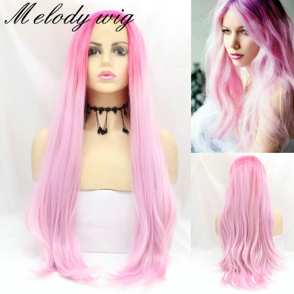 

Melody Ombre Pink Glueless Synthetic Hair Lace Front Wigs Long Straight Half Hand Tied Replacement Full Wig for Women Heat Safe