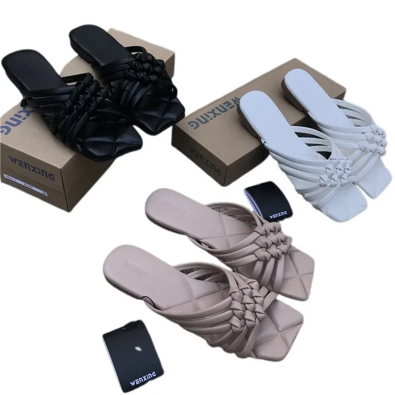 

Big Size 41 Leather Weave Slippers Women Square Toe Flat Casual Shoes Women Slides 2021 Summer Flip Flops Beach Sandal Slippers