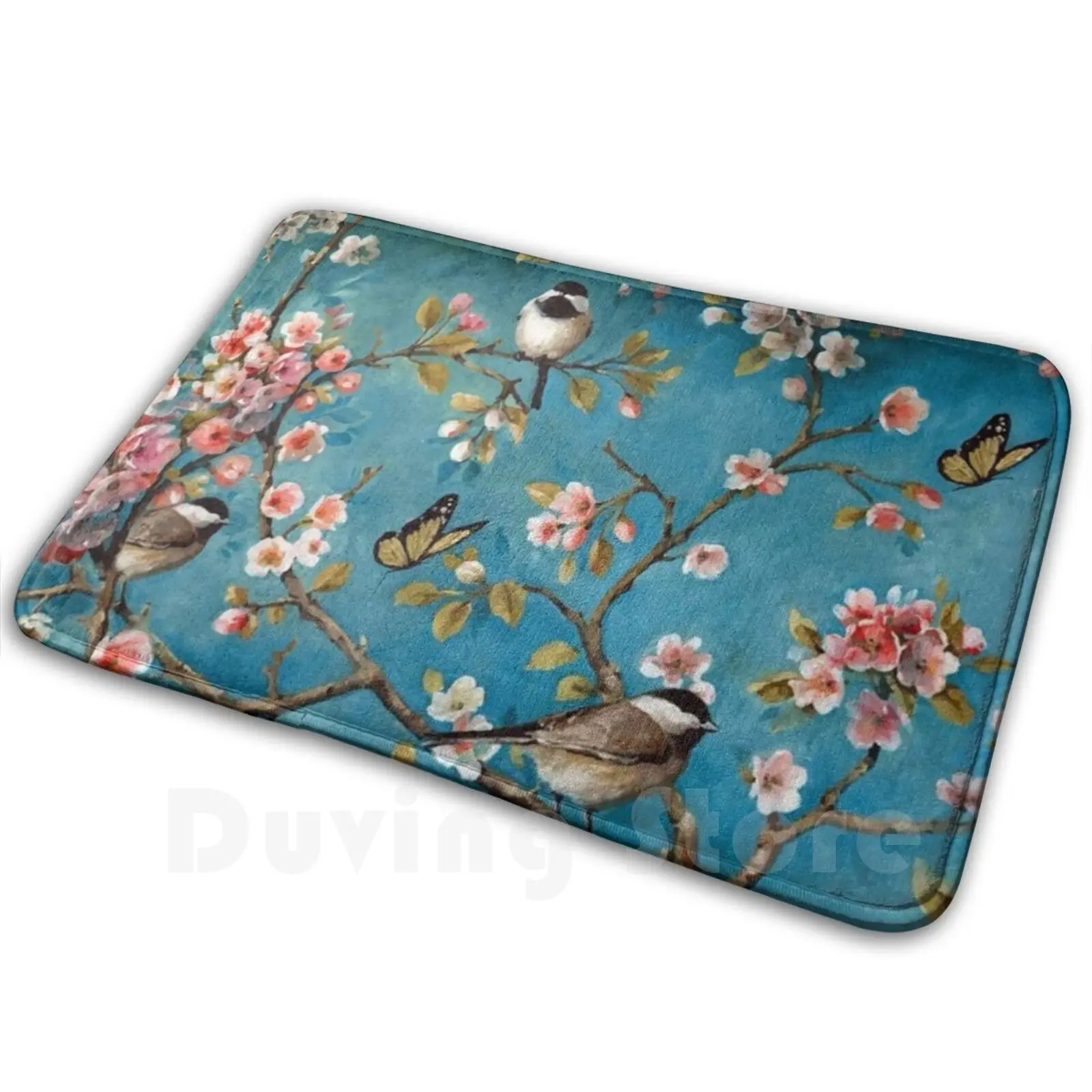 Birds & Cherry Blossom Flowers Mat Rug Carpet Anti-Slip Floor Mats Bedroom Blackrabbit33 Face Original Vintage Distressed