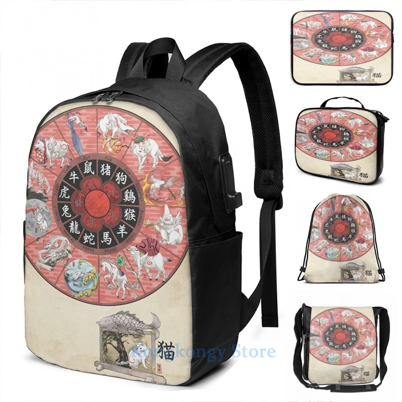 Funny Graphic print Okami Zodiac Wheel USB Charge Backpack men School bags Women bag Travel laptop bag