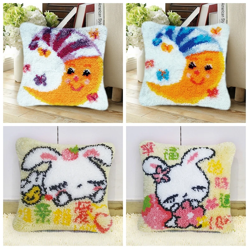 Pulaqi Cartoon Latch Hook Cushion Foamiran for Needlework Latch Hook Embroidery Bears Rabbit Pillows Sets for Handiwork Decor