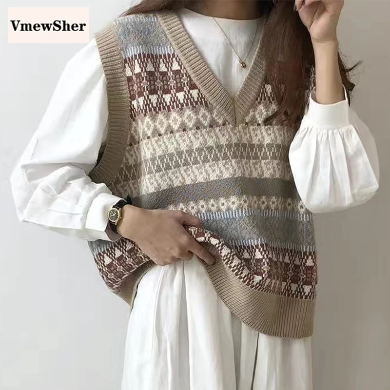 VmewSher New V Neck Knitted Sweater Vest Autumn Winter Korean Style Sleeveless Tops Sweater Short Loose Female Pullovers Vest