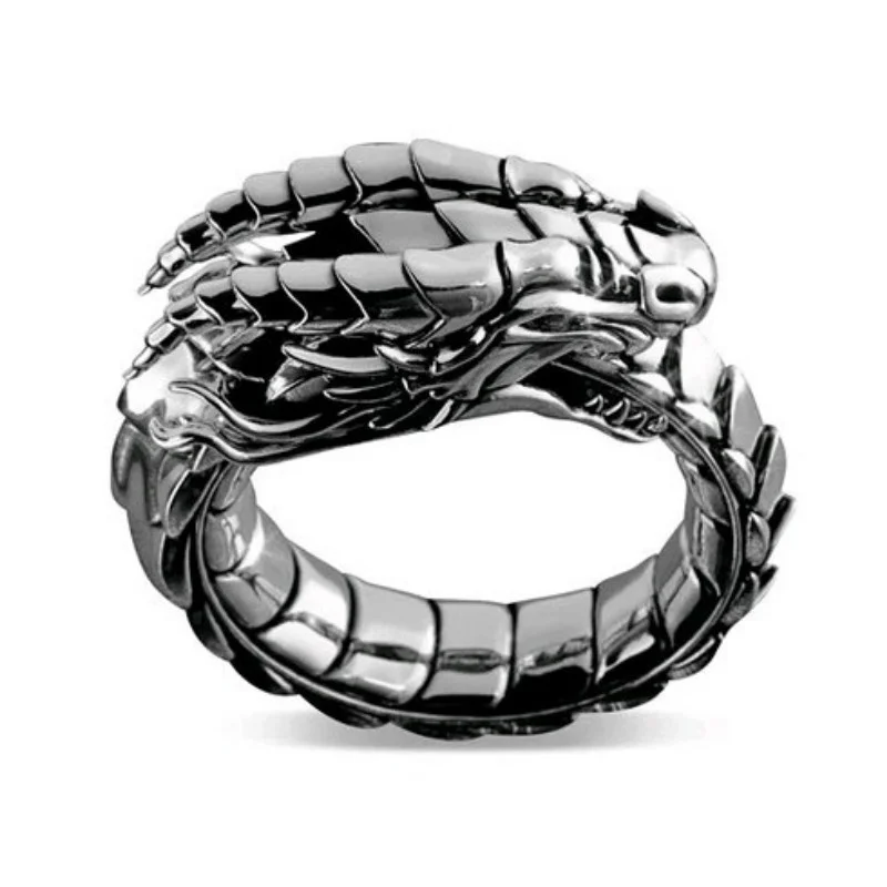 Norwegian Mythology Myth Amulet Dragon Rings for Men Jewelry Personality Silver Plated Ouroboros Snake Finger Ring Accessories