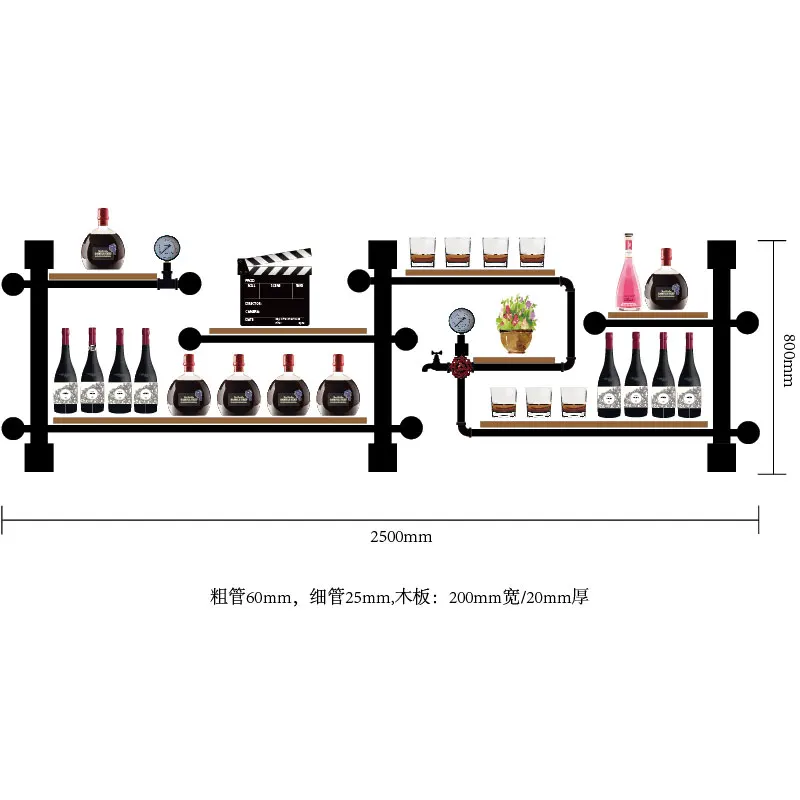 Display rack Wall Mounted Shelves for Glassware Bookshelf Iron Pipe and Wood Board Assembly Artistic Wine Rack Set