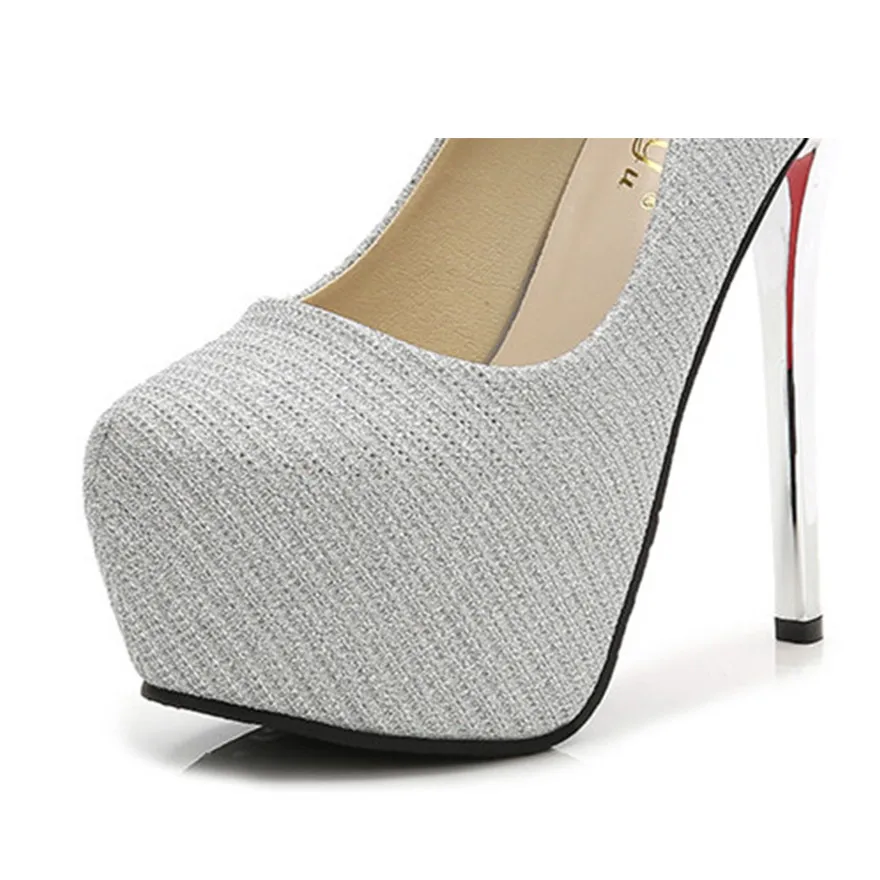 Silver Metal Heel Platform Pumps Women Shallow Sexy Sequined Cloth Super High Heels 14CM Round Toe Ladies Party Prom Shoes 2024