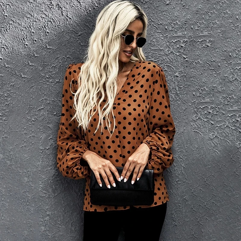 

New 2021 Autumn Loose Fashion Women Blouse Polka Dot Casual Shirt Lantern Long Sleeve V-Neck Pullover Ladies Tops