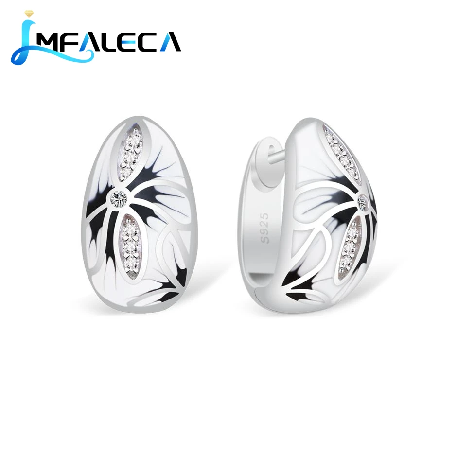 

LMFALECA Classic Pattern Clip Earrings with Stone for Women 925 Silver Jewelry White Enamel Earring for Party Birthday Gift