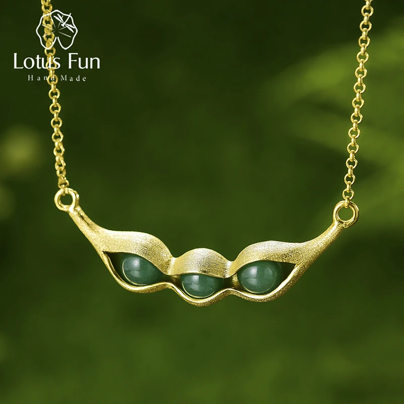 Lotus Fun Real 925 Sterling Silver Handmade Designer Fine Jewelry Natural Green Stones Pea Pods Design Necklace for Women