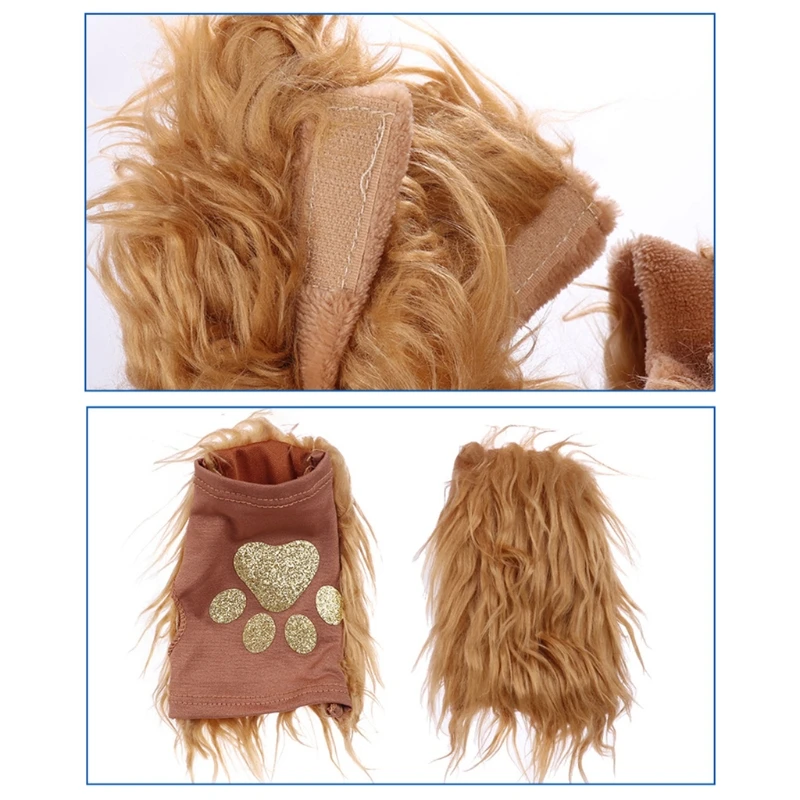 Halloween Costume Lion Plush Ears Headband Tail and Paws Kit Lion Fingerless Costume for Adults Kids Halloween Decor