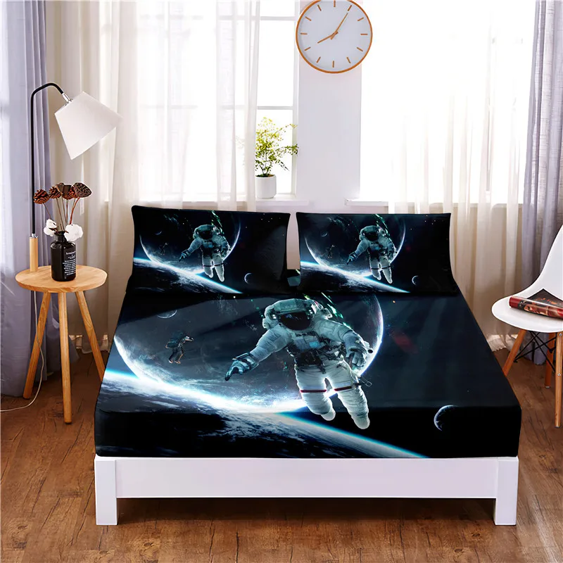 Astronauts Digital Printed 3pc Polyester  Fitted Sheet Mattress Cover Four Corners with Elastic Band Bed Sheet Pillowcases