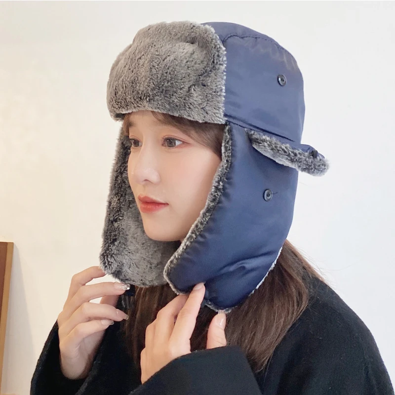 New Female Winter Ear Protection Adjustable Ushanka Hat Unisex Russian Ski Solid Fluffy Faux Fur Cap Fashionthick Warm Caps