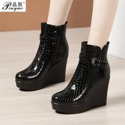 New spring Autumn Women Ankle Boots Women wedge platform high heels Boots Solid Lace-up Fashion Ladies shoes Plus size 33-43