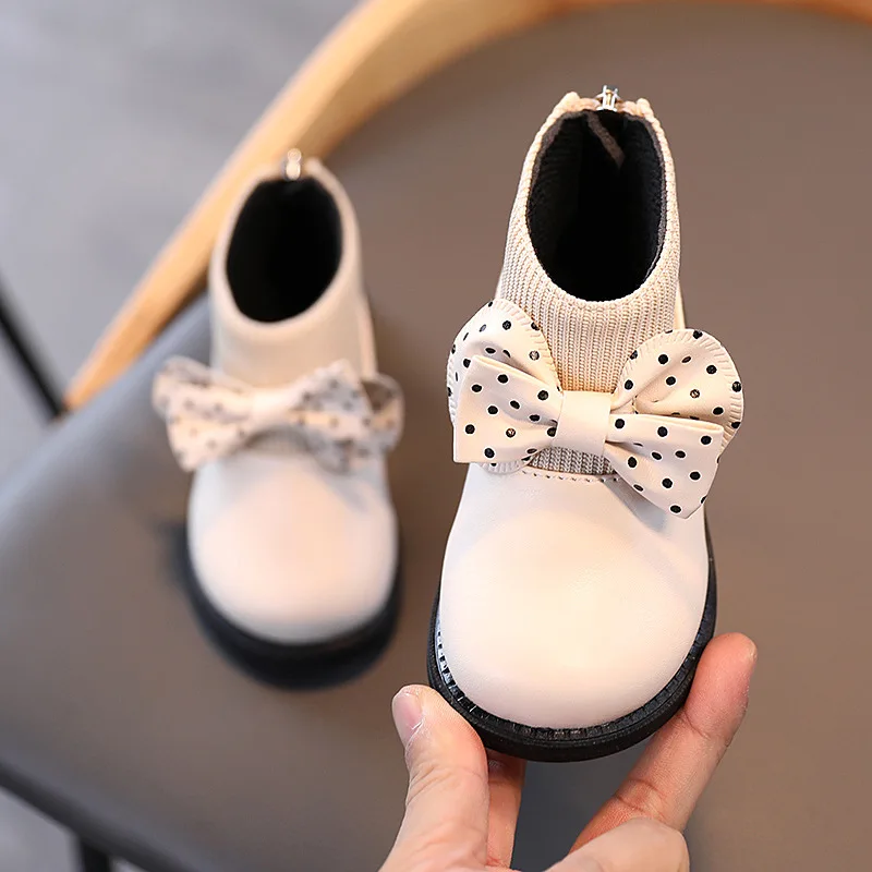 2022 New Girls Princess Pu Leather Boots Children Shoes Autumn Winter Plus Cotton Boots Kids Baby Bow Flat Boots G131