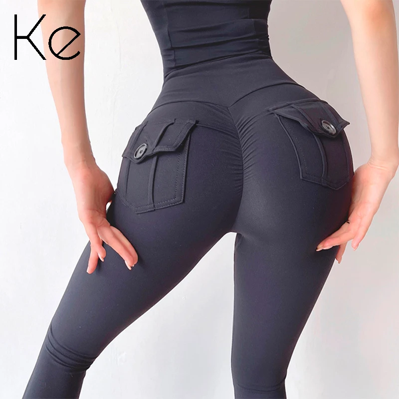 

KE140 style fitness pants women's sports tights with pockets stretch high waist peach hip yoga pants trousers outer wear autumn