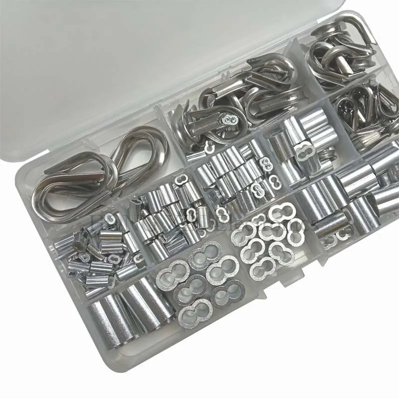 265Pcs 304 Stainless Steel Wire Rope Cable Thimbles Combo and Aluminum Crimping Loop Sleeve Assortment Kit