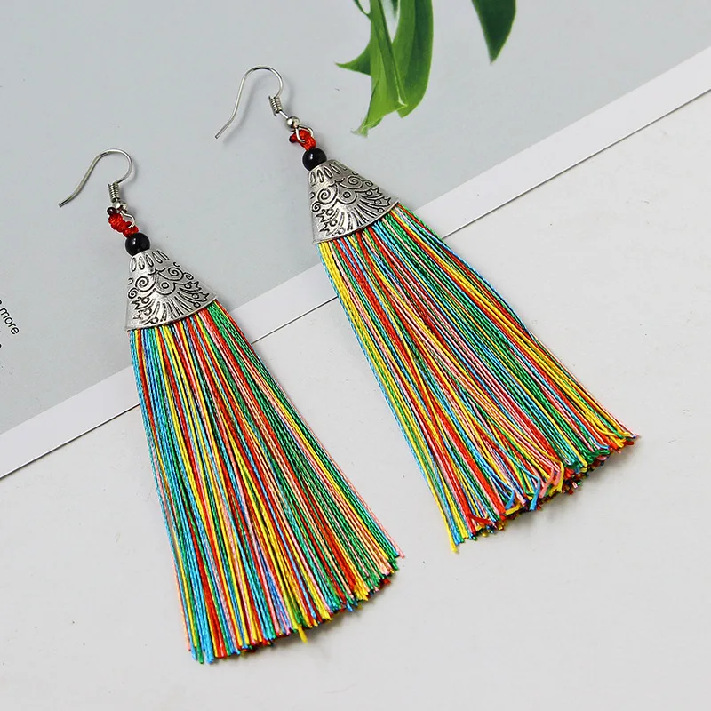 2019 Fashion Crystal Long Tassel Drop Earrings for Women Female Bohemian Ethnic Red Black Fringe Earring Jewelry Wholesale