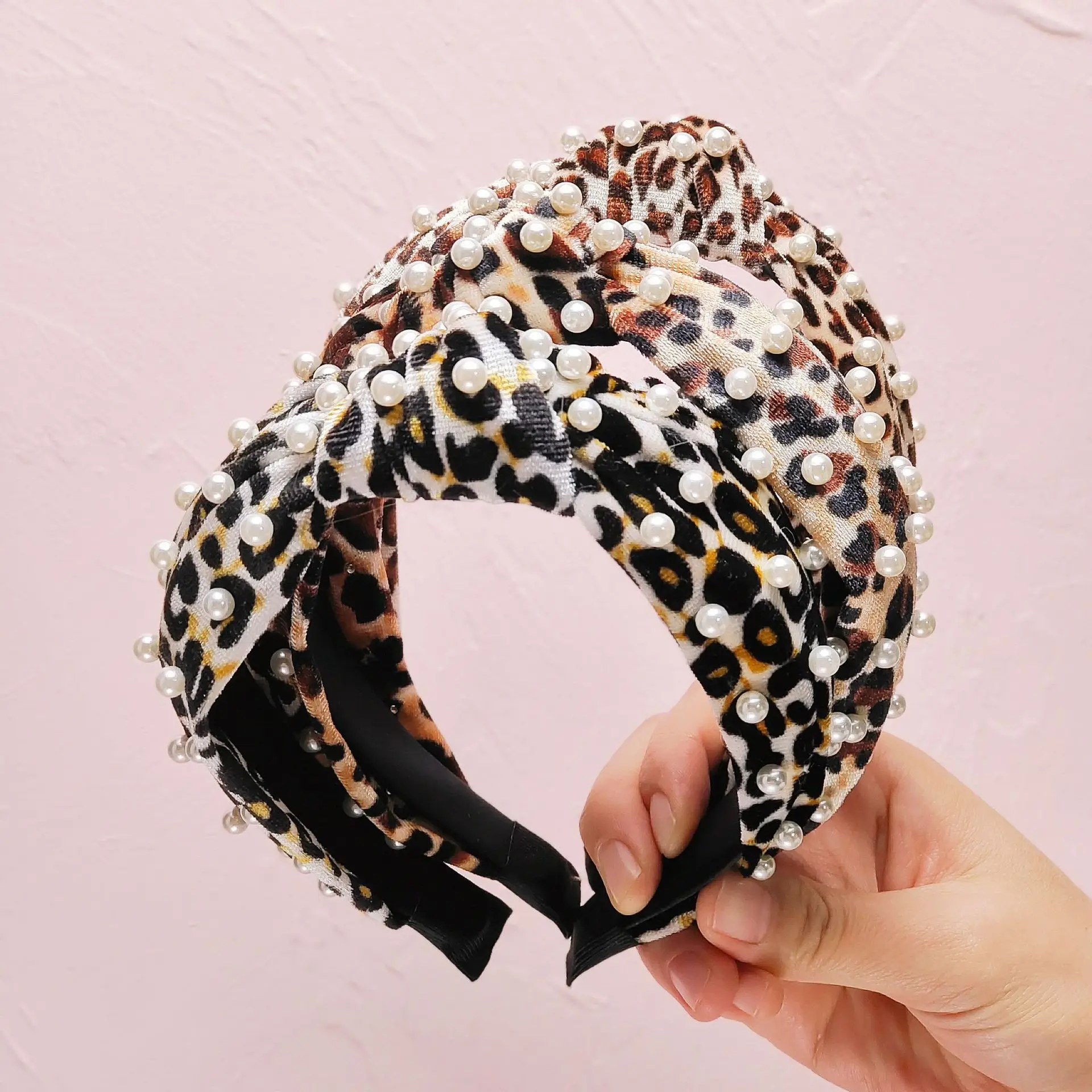 2021New fashion products Leopard flannel pearl knotted headband for Women Elastic Girl Hair Accessories Headwear