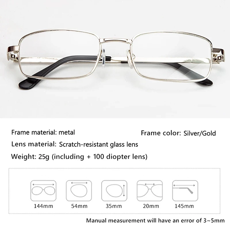 Anti-Scratch Reading Glasses Retro Square Presbyopic Eyewear With Glass Lenses Metal Hyperopia Eye Glasses Men\'s glasses +3.5+4