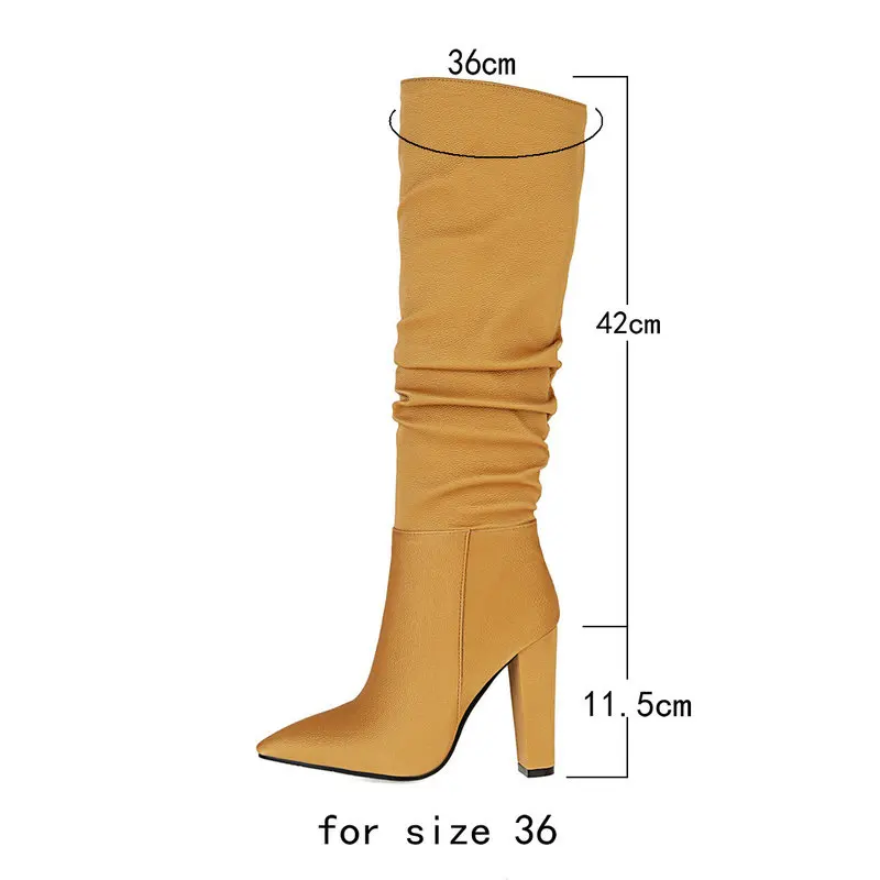 Black Yellow Beige Dark Gray Women Knee High Boots Fashion Pleated Pointed Toe Ladies Square High Heel Boots Special Fabric Shoe