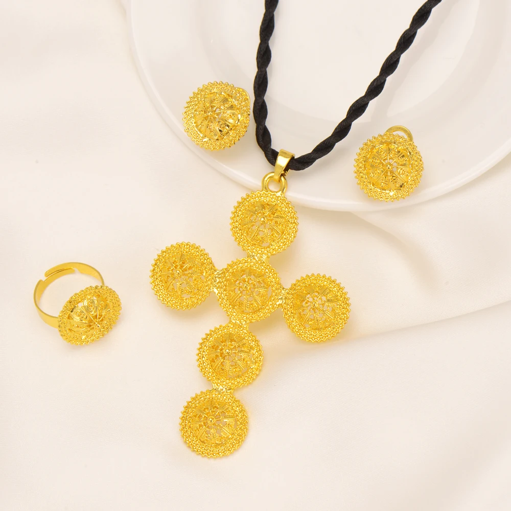 High Quality Gold Color Ethiopian Jewelry Sets Necklace Bracelet Earrings Ring Dubai Wedding Bride Habesha African Items Gift