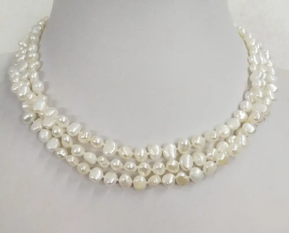 

3 Rows 9mm white baroque beads choker necklace Natural freshwater flat pearl Women Jewelry