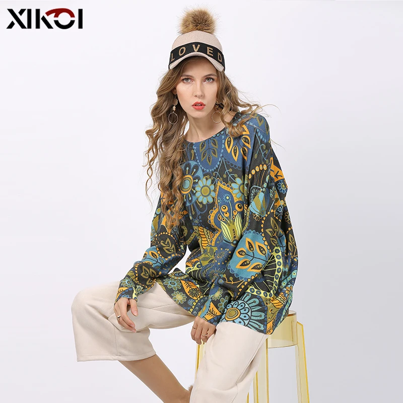 XIKOI Winter New Retro Print Sweater Women Pullovers Knitted O-Neck Jumper Women Oversized Warm Sweaters High Elastic Pull Femme