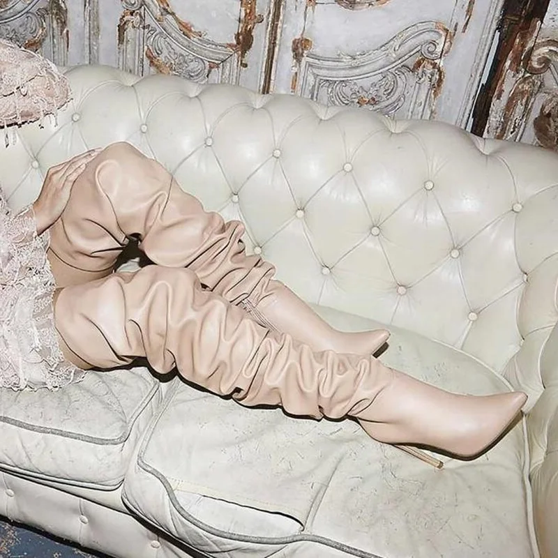 Sexy Beige Leather Pleated Tight High Boot High Heels Women Over The Knee Boots Zipper Round Toe Runway High Tall Boot Shoes