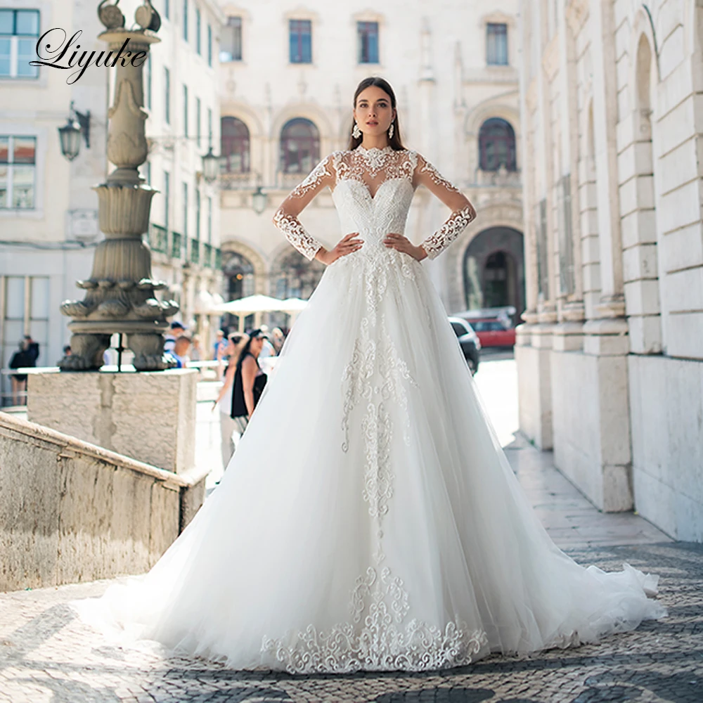 

Liyuke High Neckline Of Gorgeous Lace A Line Wedding Dress With Elegant Chapel Train Wedding Gown