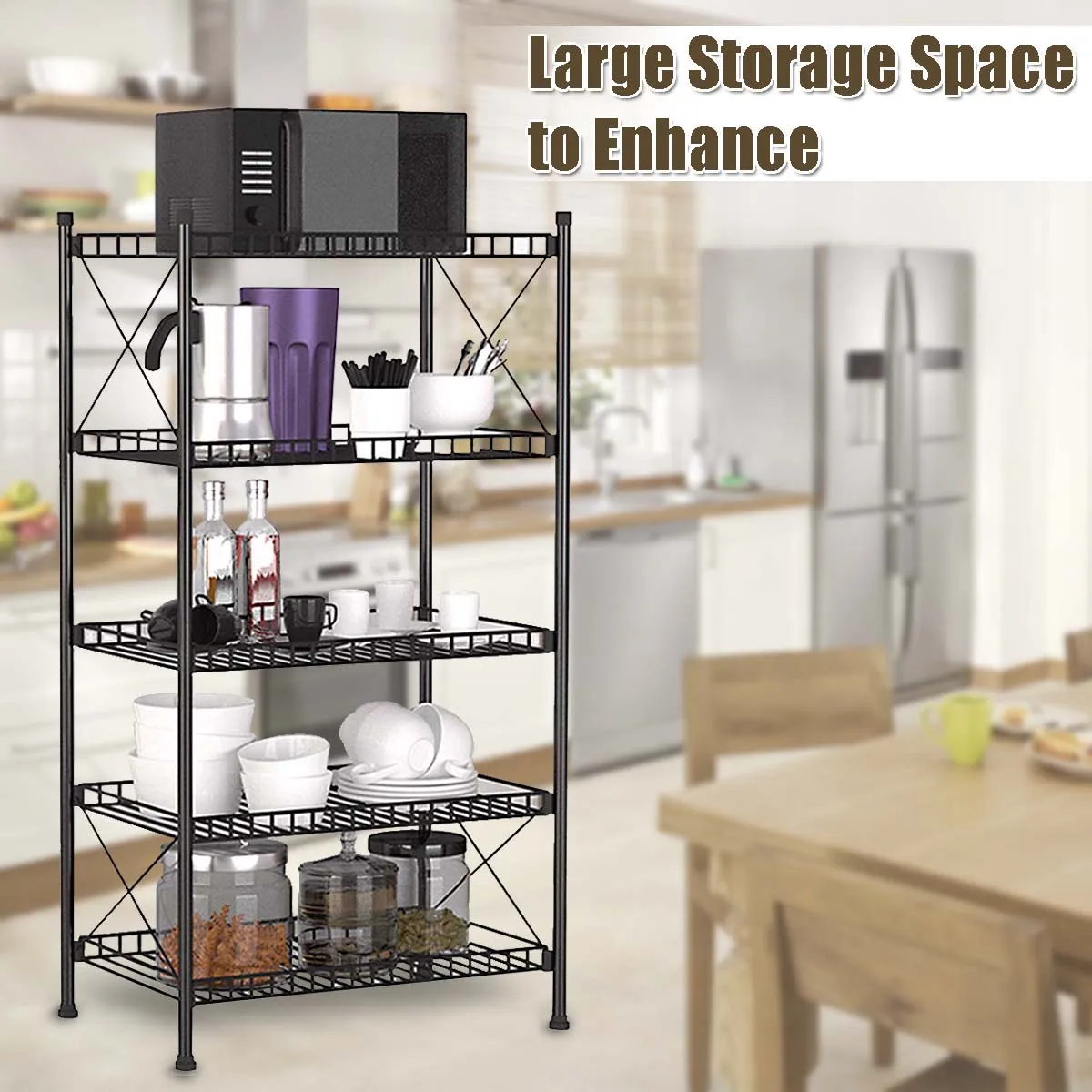 

4/5 Tier Wire Shelves Heavy Duty Adjustable Kitchen Storage Wire Shelf Shelving Rack Microwave Stand with 4 Hooks Leveling Feet